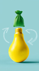 Yellow textured lightbulb with green money bag on top, surrounded by circular arrows, suggesting a financial idea or innovation concept