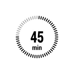 45 timer minutes symbol icon vector black style isolated on white background. Clock, stopwatch, sport icon