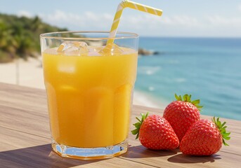 Refreshing orange juice sits beside ripe strawberries sunny beach. AI Generated
