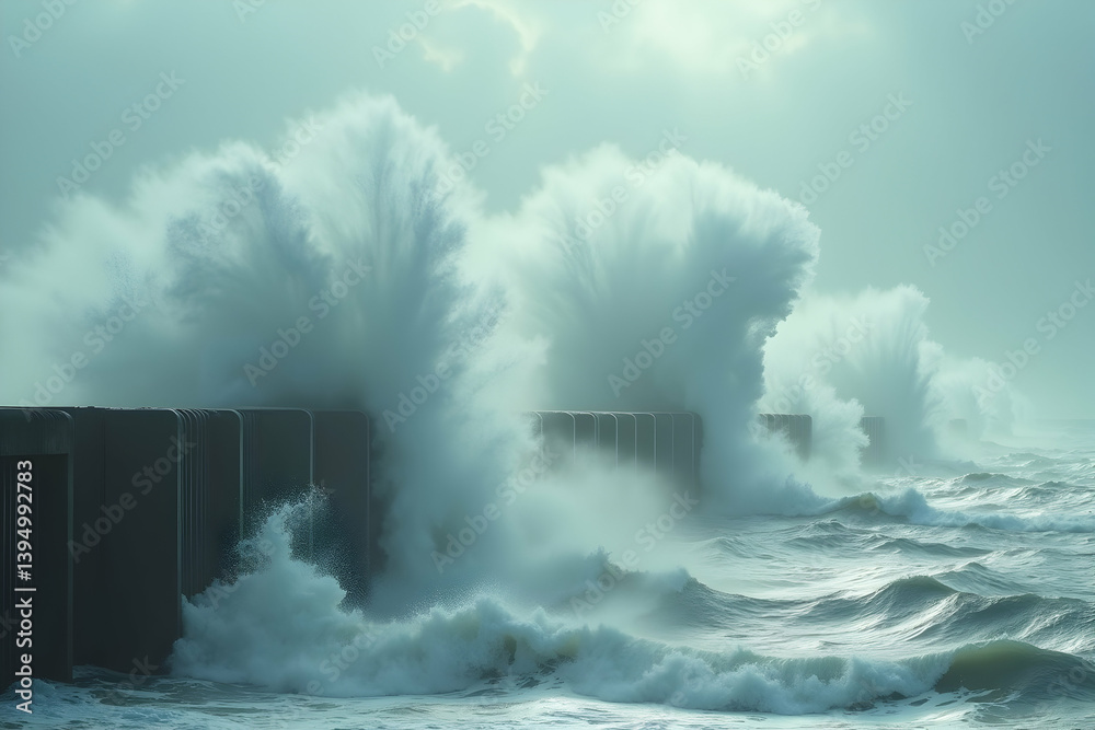 Fototapete dramatic ocean scenery showcasing towering waves crashing against a sturdy breakwater under an overc