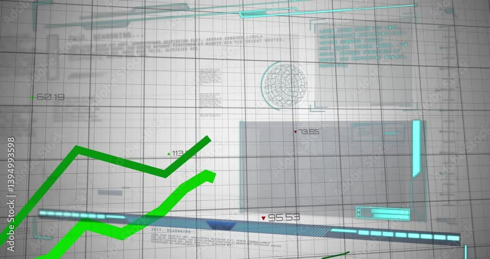 Poster rising green line graph on digital interface with data and grid background