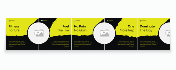 Gym Social Media Banner Template. Fitness Carousel Template Design. Instagram Carousel Template, Sports carousel template for social media. © Tarek Digital