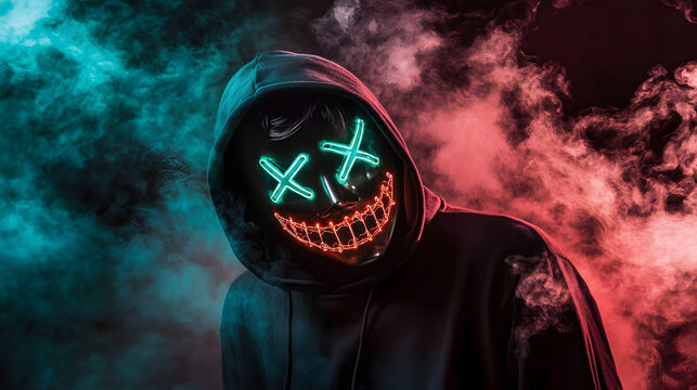 Mysterious figure in a hoodie wearing a glowing neon mask with stitched smile and crossed eyes, surrounded by dark smoke, evoking a cyberpunk or hacker vibe.
