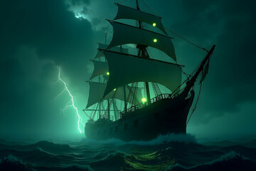 Dramatic seascapes capture ancient ship braving lightning storm at sea, emphasizing resilience, power, nautical adventure, and the beauty of overcoming adversity