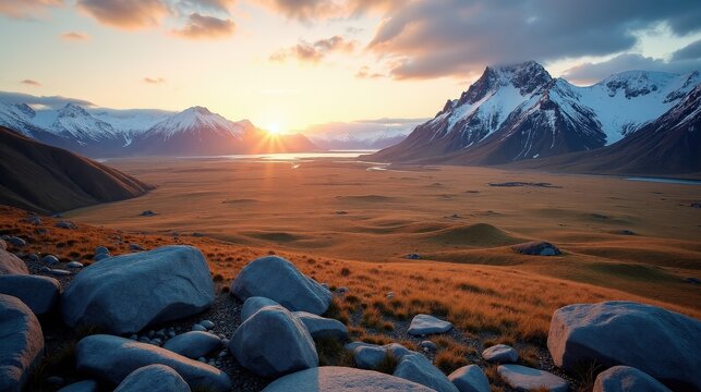 Professional photo of Hardangervidda National Park, Norway at dawn with sunny weather, viewed from above.