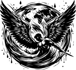 sketch vector illustration design image icon logo symbol winged angel guardian of the world with armed  