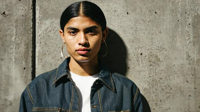 Young adult with long hair poses confidently against a textured concrete wall in urban setting