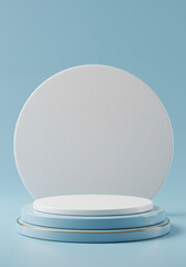 White podium stage with large oval backdrop on light blue. Minimalist product display mockup with white geometric elements