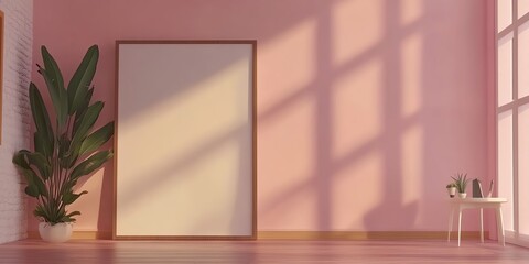 Fototapeta premium A serene interior space featuring a blank canvas, sunlight, and vibrant green plants, ideal for artistic inspiration.