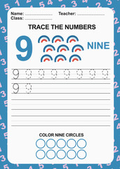 Trace and write number for children. Exercise for children to recognize the number. Educational worksheet for preschool. Vector file.