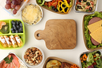 Healthy meal slimming diet plan daily ready menu background, organic fresh dishes and smoothie, fork knife on paper eco bag as food delivery courier service at home in office concept, close up view.