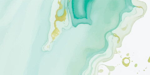 Abstract Artistic Background in Aquamarine and Pastel Green with Subtle Watercolor Washes, Enhanced by Organic Liquid Marble Patterns and Fine Metallic Gold Veins for Luxurious Design Projects