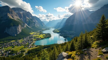 Breathtaking aerial shot of Romsdalen valley in Norway, illuminated by bright midday sunshine and scenic views.