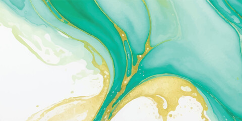 Luxurious Watercolor Background in Cool Pastel Greens and Aquamarine Tones, Enhanced with Liquid Marble Texturing and Embellished with Gold Detailing for Artistic Refinement