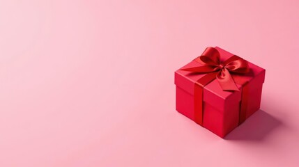 Fototapeta premium A crimson gift box with a vibrant red satin ribbon bow, elegantly presented against a soft pink backdrop, perfect for celebratory occasions