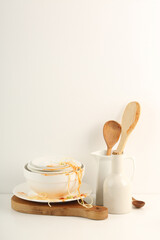 Dirty dishes on white background