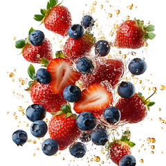Strawberries and Blueberries Falling Into Milk Isolated on Transparent Background