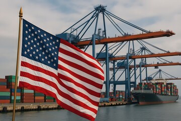 Usa flag at port with cranes and containers, symbolizing trade and tariffs.