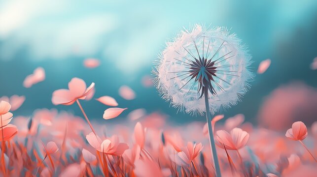 Delicate Dandelion Surrounded by Soft Pink Wildflowers in Nature - Powered by Adobe