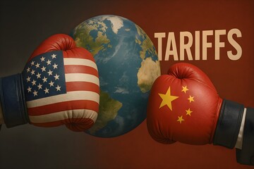 Boxing gloves with usa and china flags facing off over a globe symbolize tariff tensions.