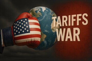 Boxing glove with us flag punching earth, symbolizing trade conflict.