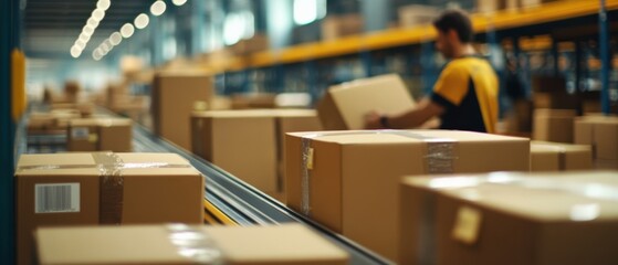 A busy warehouse scene with workers handling large cardboard boxes on a conveyor belt, showcasing efficiency and teamwork.