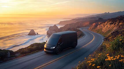 Electric Delivery Van on Coastal Road at Sunset with Scenic View