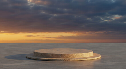 Beige podium stand against dramatic sunset sky background. Natural two tier stage mockup with clouds and warm light.