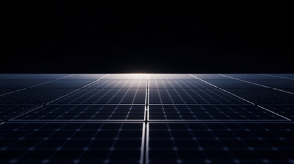 Energy Horizon: A grid of solar panels stretches towards the horizon, symbolizing clean energy and technological advancement. Photorealistic with emphasis on sustainable power.