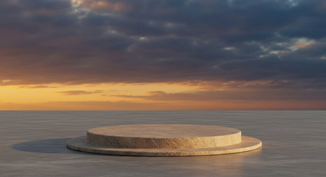 Beige podium stand against dramatic sunset sky background. Natural two tier stage mockup with clouds and warm light.