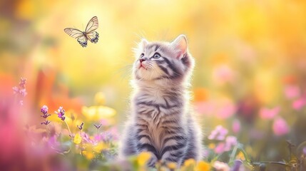 Fototapeta premium Kitten in Flower Field, Watching Butterfly