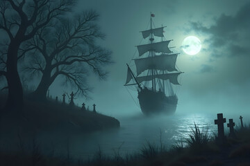 Eerie maritime voyage, A spectral ship sails under a haunting moonlit sky amidst ancient graves and ghostly trees on a mysterious shore