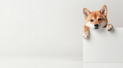 白いパネルから顔を出す柴犬の愛嬌ある好奇心いっぱいの姿 | 清潔感ある構図