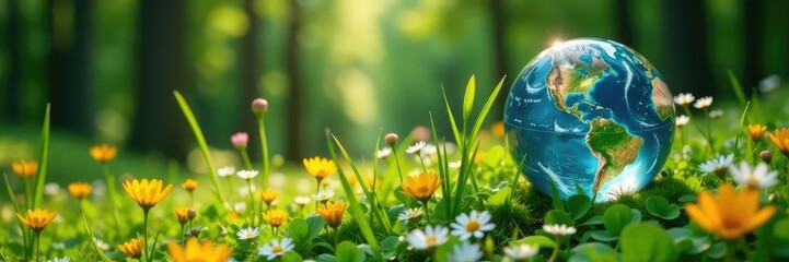 Glass globe earth in a forest meadow with wildflowers and grasses, natural, landscape