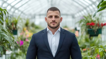 Businessman in a greenhouse setting