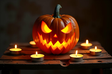 Obraz premium Eerily Glowing Jack O'Lantern with Menacing Gaze Surrounded by Flickering Candlelight on Rustic Wooden Surface for Halloween Celebration