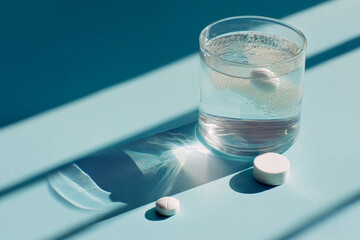 Glass of water with dissolving tablet, two tablets beside it on a light-blue surface, sunlit scene showcasing medicine, health, or wellness concept