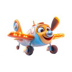 Fluffy 3D Cartoon Airplane with Glowing Wings and Smiling Face Isolated on Transparent Background