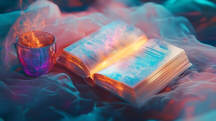 A futuristic book glowing amidst a translucent muffler and a holographic cup 