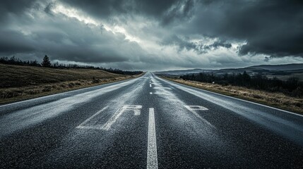Naklejka premium Wet road stretches into the distance under a dramatic dark cloudy sky.