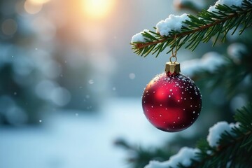Ornamented fir branch with red sphere hanging, branch, winter, snowflakes