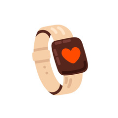 Beige smart fitness tracker wristband with heart symbol, isolated on white background