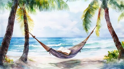 Fototapeta premium Relaxing hammock by the beach with a book.