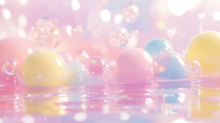 Pastel spheres in liquid, bokeh background