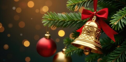 Ornate golden bell Christmas ornament hanging from a ribbon, decorations, shine