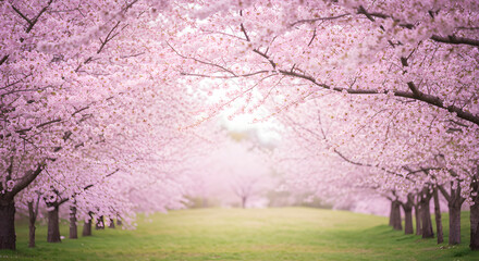 Blooming Cherry Trees Creating a Tunnel over Green Field in Spring
