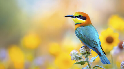 Obraz premium vibrant bird perched gracefully amidst blooming sunflowers, showcasing its colorful plumage in serene setting