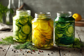 Three glass jars filled with sliced pickles, zucchini, and cucumbers in brine, arranged on a rustic wooden surface with dill sprigs and peppercorns, showcasing homemade preserved vegetables
