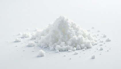 Fine white sugar crystals scattered on white surface, ingredient, photography, texture