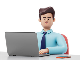 Man working on laptop, symbolizing productivity, focus, or office work. 3D rendering, conceptual image. Isolated on white background.